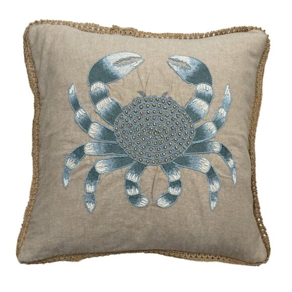 Made In India Other - Coastal Embroidered Crab Pillow Cover 18"x18" Beige Blue Burlap Trim  Zip Close